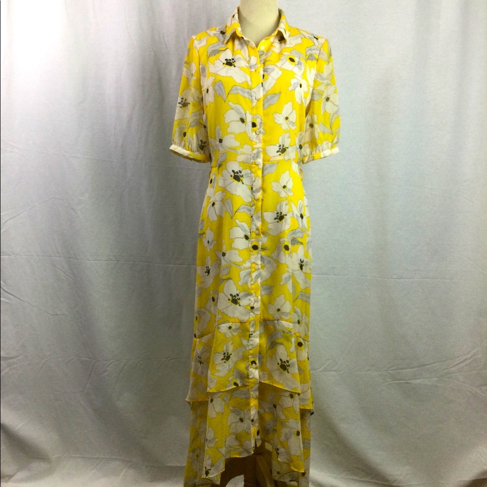 Banana Republic Floral Tiered High Low Maxi Sheer Lined Shirt Dress Sz 4